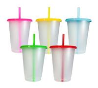 Reusable Cup 5 Pack 475 ML Frosted Style Thick Plastic Cold Beverages Cup Tumbler with Straw Lid Travel Mug Office Cup Birtday Party (475ml)