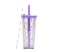 Reusable Cup with Lids and Straws, 24OZ/700ml Smoothie Cups, Iced Coffee Cup, Leakproof Kawaii Cup, Bubble Tea Cup with Reusable Straw, Double Wall Tumbler (Purple)