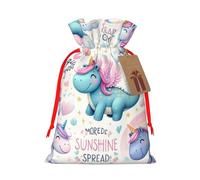 Reusable Cute-Dinosaurs-With-Rainbow Burlap Drawstring Xmas Present Bags, Rustic Gift Wrap Bags For Holiday Party And Xmas Presents