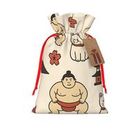 Reusable Cute Japanese Icon Print Burlap Drawstring Xmas Present Bags, Rustic Gift Wrap Bags For Holiday Party And Xmas Presents