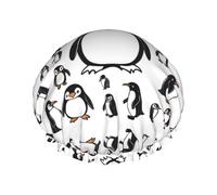 Reusable double layer penguin print shower cap, elastic band design, fits most head sizes