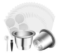 Reusable Espresso Capsules Refillable Coffee Pod Stainless Steel Cups Reusable Coffee Pods for Nespresso OriginalLine Machine (2 Pods+100 Lids+1Brush+1Spoon)