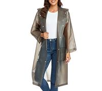Reusable EVA Rain Poncho for Adults, Unisex Men and Women Hooded Long Clear Raincoat, Gray Black, Large