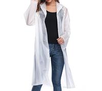 Reusable EVA Rain Poncho for Adults, Unisex Men and Women Hooded Long Clear Raincoat, White, L