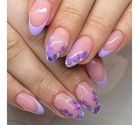 Reusable Fake Nails Purplee French Tip Floral Pattern Hypoallergenics Comfortable Wear For Sensitives Skin Elegant Fake Nail For Parties