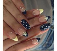 Reusable False Nails with Modern French Stars Motifs Blue Yellow Contrast ABS Artificial Nails for Office Travel Special Occasions Press on Nail