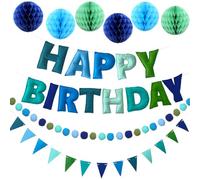 Reusable Felt Happy Birthday Banner - Felts Fabric Banner Felt Ball Garland - Happy Birthday Garland, Handmade Letters & Balls Personalized Party Sign for Birthdays Party Decorations (Blue)