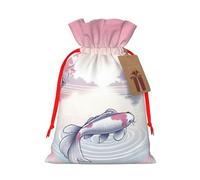 Reusable Fish-Sunset-Koi-Carp-Japanese Burlap Drawstring Xmas Present Bags, Rustic Gift Wrap Bags For Holiday Party And Xmas Presents