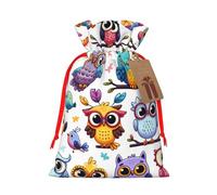 Reusable Funny-Owls-Birds Burlap Drawstring Xmas Present Bags, Rustic Gift Wrap Bags For Holiday Party And Xmas Presents