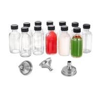 Reusable Glass Bottles, Ginger Shot Bottles | 12x Glass Canister Jars with Lids, 2oz/60ml Small Traile Clear Containers with 3 Stainless Steel Funnels Pair