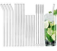 Reusable Glass Straws Pack of 16 - 4 Long Straight + 4 Long Curved Straws Glass 21.5 cm + 4 Short + 4 Cleaning Brushes, Suitable for Bubble Tea, Juices, Slush, Cocktail