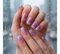 Reusable Glossy Ombre False Nails With Floral Glitter Designs - 24PCS Short Square Press On Nails Kit For Women, Everyday Wear and Special Occasions Manicure, Salon Quality, Pink to Lavender, Easy