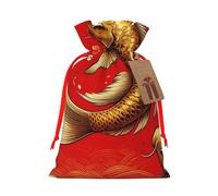 Reusable Golden-Koi-Fish-Good-Luck Burlap Drawstring Xmas Present Bags, Rustic Gift Wrap Bags For Holiday Party And Xmas Presents