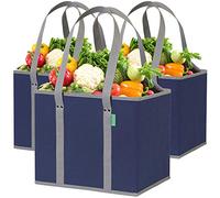 Reusable Grocery Bags (3 Pack) - Heavy Duty Reusable Shopping Bags with Box Shape to Stand Up, Stay Open, Fold Flat - Large Tote Bags are Foldable with Long Handles & Hard Bottom (Navy Blue)