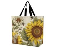 Reusable Grocery Bags, Foldable Shopping Bag with Strong Handles, Large Capacity Bees Sunflowers Daisy Rose Flowers Tote Bags for Travel, Waterproof Shoulder Bag for Work, Beach, Picnic, Bulk Gifts