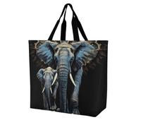 Reusable Grocery Bags, Foldable Shopping Bag with Strong Handles, Large Capacity Two Elephants on Black Background Two Elephants Tote Bags for Travel, Waterproof Shoulder Bag for Work, Beach, Picnic,
