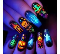 Reusable Halloween Press On Nails 24PCS Festive Spiderweb And Alien Artwork ABS For Women Easy Apply Halloween Nail