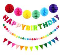 Reusable Happy Birthday Banner - Felt Fabric Banner Ball Garland - Happys Birthdays Garland, Handmade Felt Letters & Balls Personalized Sign for Birthday Party Decorations (Rainbow)