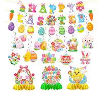 Reusable Happy Easter Decorations Set - 1 HAPPY EASTER Banner, 1 Easter Egg Banner, 10 Hanging Swirls & 3 Honeycomb Centerpieces for Spring Home Party Indoor Outdoor Table Decor