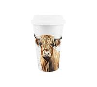 Reusable Highland Cow Ceramic Travel Mug - Farm Animal Gift - Silicone Lid Double-Walled Insulated Hot/Cold Drinks Tea Coffee Gift Mug