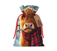 Reusable Highland-Cow-Christmas Burlap Drawstring Xmas Present Bags, Rustic Gift Wrap Bags For Holiday Party And Xmas Presents
