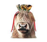 Reusable Highland Cow Sunflower Burlap Drawstring Xmas Present Bags, Rustic Gift Wrap Bags For Holiday Party And Xmas Presents