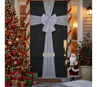 Reusable Holiday Mesh Bow - Oversized Christmas Front Door Bow with multicolor LED, Traditional Mesh Gift Wrap Decoration, Perfect for Front Doors, Reusable and Elegant (Silver)