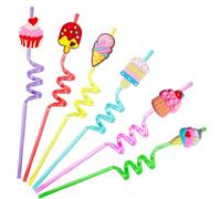 Reusable Ice Cream Straws Party Favors Supplies,24Pcs Plastic Cupcake Fun Cute Long Crazy Silly Spiral Drinking Straws for Kids Birthday Hawaiian Beach Cocktail Luau Party Decorations 1 Cleaning Brush