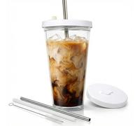 Reusable Iced Coffee Cup with Lid and Straw, 24 oz/Venti, BPA-Free Double-Wall Insulated Plastic Tumbler for Cold Drinks, Includes Clear Plastic Straw, Stainless Steel Straw and Cleaning Brush, White