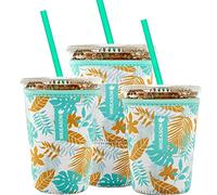Reusable Iced Coffee Insulator Sleeve for Cold Beverages and Neoprene Cold Coffee Cup Sleeves Cooler Cover 16-24OZ 32oz for Starbucks Coffee, McDonalds, Dunkin Donuts, More (Leaves Print)