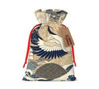 Reusable Japanese-Cranes-Longevity-Luck Burlap Drawstring Xmas Present Bags, Rustic Gift Wrap Bags For Holiday Party And Xmas Presents
