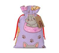 Reusable Kawaii Cat Dog Pattern Burlap Drawstring Xmas Present Bags, Rustic Gift Wrap Bags For Holiday Party And Xmas Presents