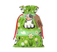 Reusable Kawaii-Cow-Flower Burlap Drawstring Xmas Present Bags, Rustic Gift Wrap Bags For Holiday Party And Xmas Presents
