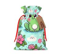 Reusable Kawaii-Frog-Flowers Burlap Drawstring Xmas Present Bags, Rustic Gift Wrap Bags For Holiday Party And Xmas Presents