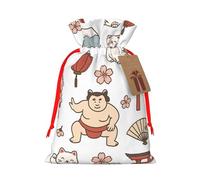 Reusable Kawaii Japan Culture Burlap Drawstring Xmas Present Bags, Rustic Gift Wrap Bags For Holiday Party And Xmas Presents