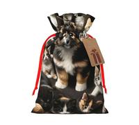 Reusable Kawaii-Kittens-Puppy Burlap Drawstring Xmas Present Bags, Rustic Gift Wrap Bags For Holiday Party And Xmas Presents