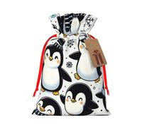Reusable Kawaii-Penguins-Snowflake Burlap Drawstring Xmas Present Bags, Rustic Gift Wrap Bags For Holiday Party And Xmas Presents