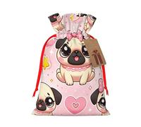 Reusable Kawaii-Pug-Love Burlap Drawstring Xmas Present Bags, Rustic Gift Wrap Bags For Holiday Party And Xmas Presents