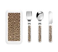 Reusable Leopard Pattern Print Fork, Spoon Knife with Storage Case,Dishwasher Safe for School Lunch,Travel