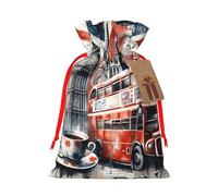 Reusable London-British-Vintage Burlap Drawstring Xmas Present Bags, Rustic Gift Wrap Bags For Holiday Party And Xmas Presents