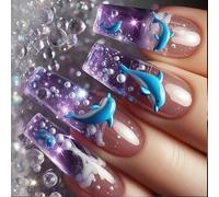 Reusable Medium Square False Nails 24 Pieces Ice Blue Dolphins Art Design Breathable ABS Press On Manicure Set Medium Artificial Nails Made of ABS