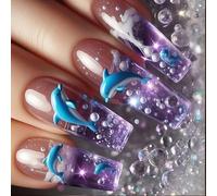 Reusable Mediums Length Square Fakes Nails 24Pcs Ice Blue Dolphins Art Design Breathable ABS Press On Manicure Set Party Glues Free Nail For Women