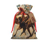 Reusable Merry-Christmas-Rainbow-Santa Burlap Drawstring Xmas Present Bags, Rustic Gift Wrap Bags For Holiday Party And Xmas Presents