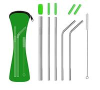 Reusable Metal Drinking Straws Set, Food Grade 304 Stainless Steel Straws with Soft Silicone Tips for Smoothie and Hot/Cold Drinks, Storage Pouch and Cleaning Brush Include