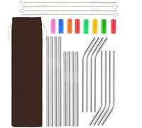 Reusable Metal Stainless Steel Straws, 16PCS Set of Metal Straws with 4 Cleaning Brushes and Pouch for Smoothie and Hot&Cold Drinks