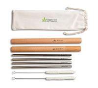 Reusable Metal Stainless Steel Straws: 4 Travel Portable Personal Reusable Straws + 2 Wooden Cases + 2 Cleaning Brushes + 1 Pouch, for Hot and Cold Drinks
