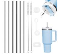 Reusable Metal Straws, 6 Pack Stainless Steel Straws Drinking with 2 Cleaning Brushes and 1 Set of Silicone Anti-Leak Plugs, Compatible with 30oz/40oz Cup(31cm Long Diameter 1cm)