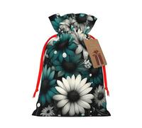 Reusable Modern-Teal-Flowers-Dots Burlap Drawstring Xmas Present Bags, Rustic Gift Wrap Bags For Holiday Party And Xmas Presents