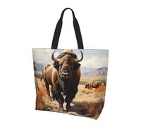 Reusable One Shoulder Shopping Bag, North American bison herd Women One Shoulder Casual Tote Bag, Multipurpose Large Shopping Bag