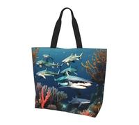 Reusable One Shoulder Shopping Bag, Sharks under the sea Women One Shoulder Casual Tote Bag, Multipurpose Large Shopping Bag